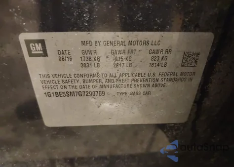 2016 Chevrolet Cruze Lt Auto из США, поврежденный, VIN 1G1BE5SM7G7290769